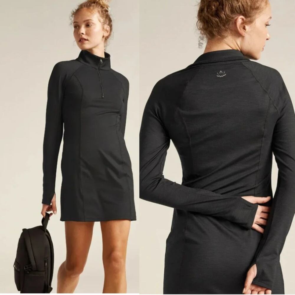 Beyond Yoga Black Heather Rib Westside Dress 1/4 Zip Long Sleeve Women's Small